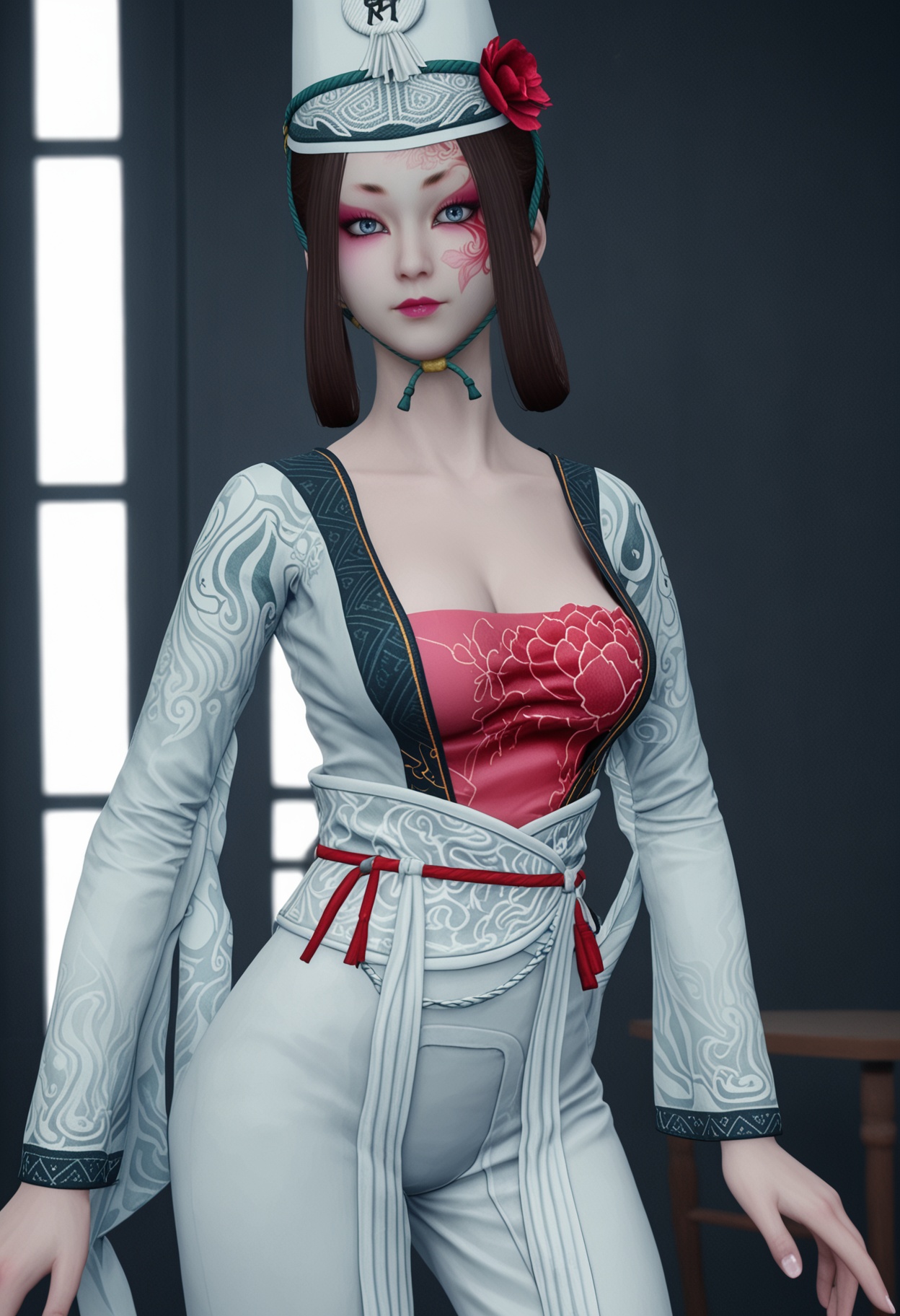 (gigantic breasts:0.6),(cowboy shot:1.1),(looking at viewer:1.1),facing viewer,direct gaze,<lora:YQ_pony_baiwuchang_changxuanlin_V4:0.8>,q1528437228,1girl,solo,black hair,hat,hair flower,makeup,chinese clothes,dress,hair ornament,long sleeves,grey eyes,blue eyes,facepaint,hair rings,eyeshadow,pants,jewelry,headwear,long hair,facial mark,short hair,brown hair,shoes,BREAK simple background,pure black background,black background,perfect anatomy,