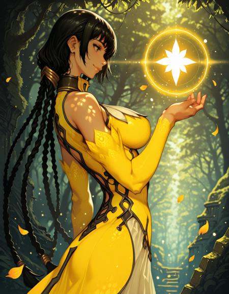 masterpiece,  best quality, 1girl, solo,  absurdres, large breasts,reithdg,win braids, black hair, long hair, yellow dress,magic, smile,from side , twisting mid-air, preparing for an acrobatic takedown, side view, ,ruins, forest, petals,  blurry background, glowing, light particles, embedding:SmoothQuality, 