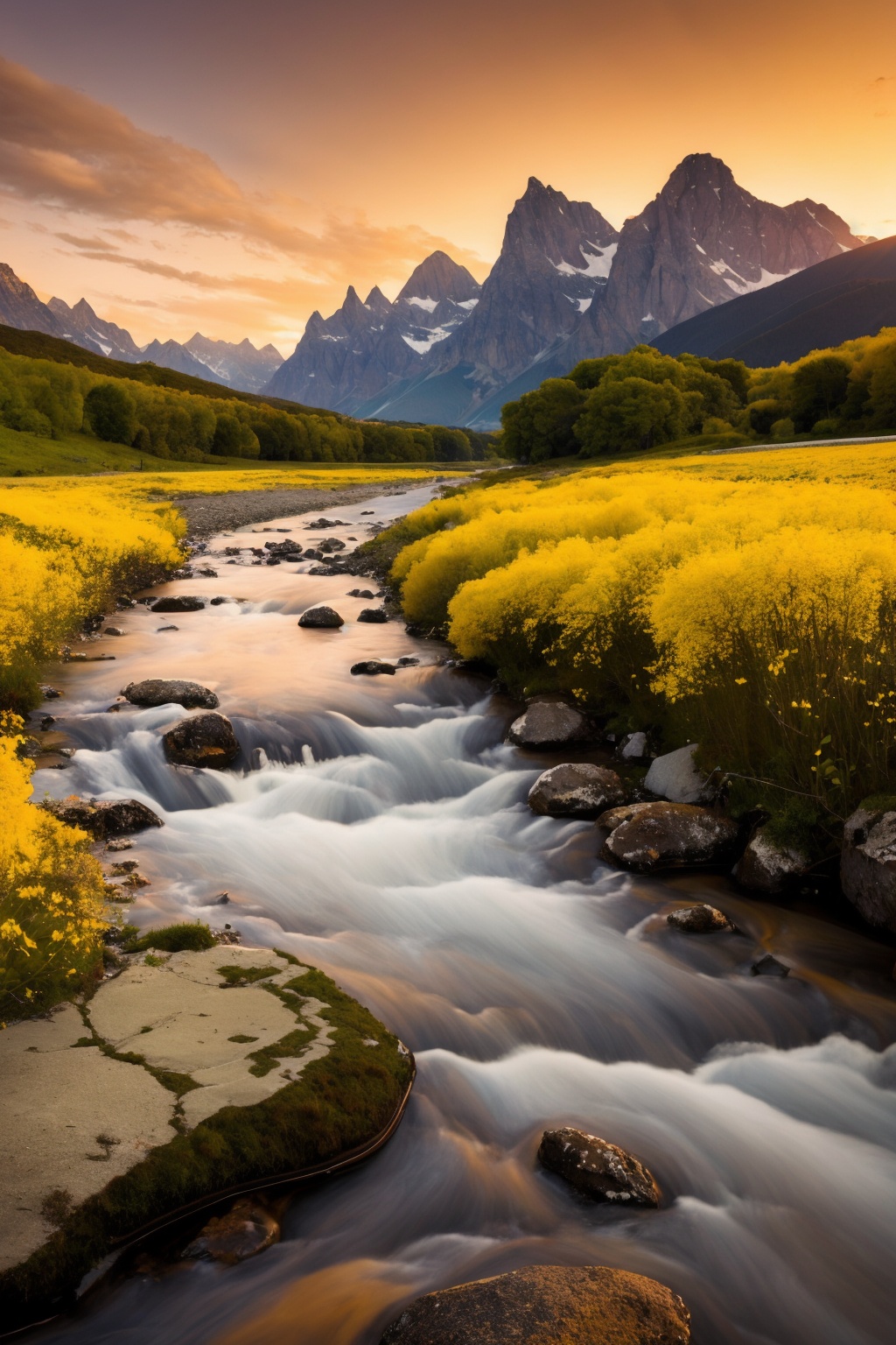 Landscape photography, a breathtaking landscape during what appears to be the golden hour. Towering mountains, bathed in the warm hues of the setting or rising sun, dominate the backdrop, with their rugged peaks contrasting against the sky. In the foreground, a flowing river with a milky, smooth appearance, possibly due to a long exposure shot, meanders through the scene. Along the river's banks, there's a mix of greenery, with yellow flowers adding a splash of color. The entire scene evokes a sense of tranquility and the awe-inspiring beauty of nature, masterpiece,best quality,