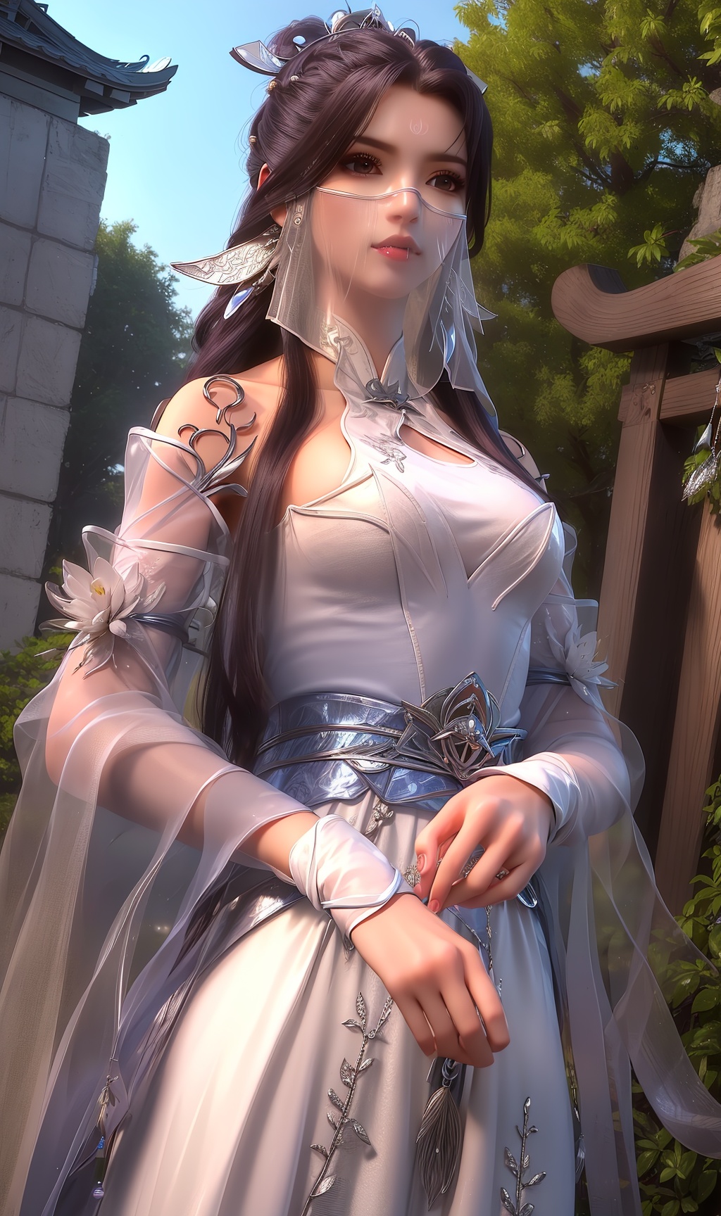 masterpiece,(best quality),official art, extremely detailed cg 8k wallpaper,((crystalstexture skin)), (extremely delicate and beautiful),highly detailed,1girl,solo,long hair,headwear,(standing),( hair),(( dress)),, (chinese_clothes),(veil), (mouth_veil),((upper body)), (medium breasts),((hair_ornament)),facial_mark,,,(clothes:0.999),(dress:0.987),(chinese_clothes:0.897),(long_dress:0.955),(long_skirts:0.987),(dress:0.973),(sunshine, outdoor),((looking_at_viewer)),((Facing the camera)), <lora:hipoly3DModelLora_v10:0.3>