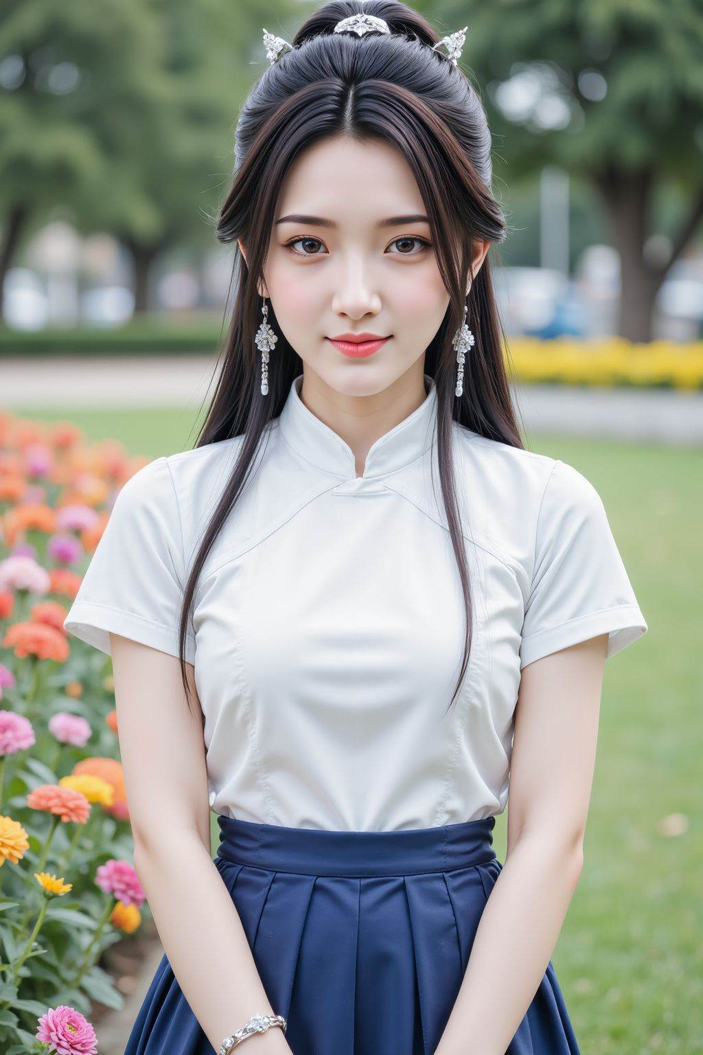 The image is a high-resolution photograph the subject is a young cute girl with fair skin, straight black hair styled in a high ponytail framing her face. She has a slender physique and is wearing a traditional clothes, short-sleeved blouse with a collar and a blue pleated skirt. Her skirt is short.The woman's expression is neutral, with a slight smile, and she is looking directly at the camera. Her makeup is subtle, featuring light eyeshadow, mascara, and pink lipstick. She has a delicate bracelet on her right wrist.The background is on the grass in the park, with a lot of colorful flowers blooming next to it. <lora:20251026_TinFlux1_5_Epoch10:1>