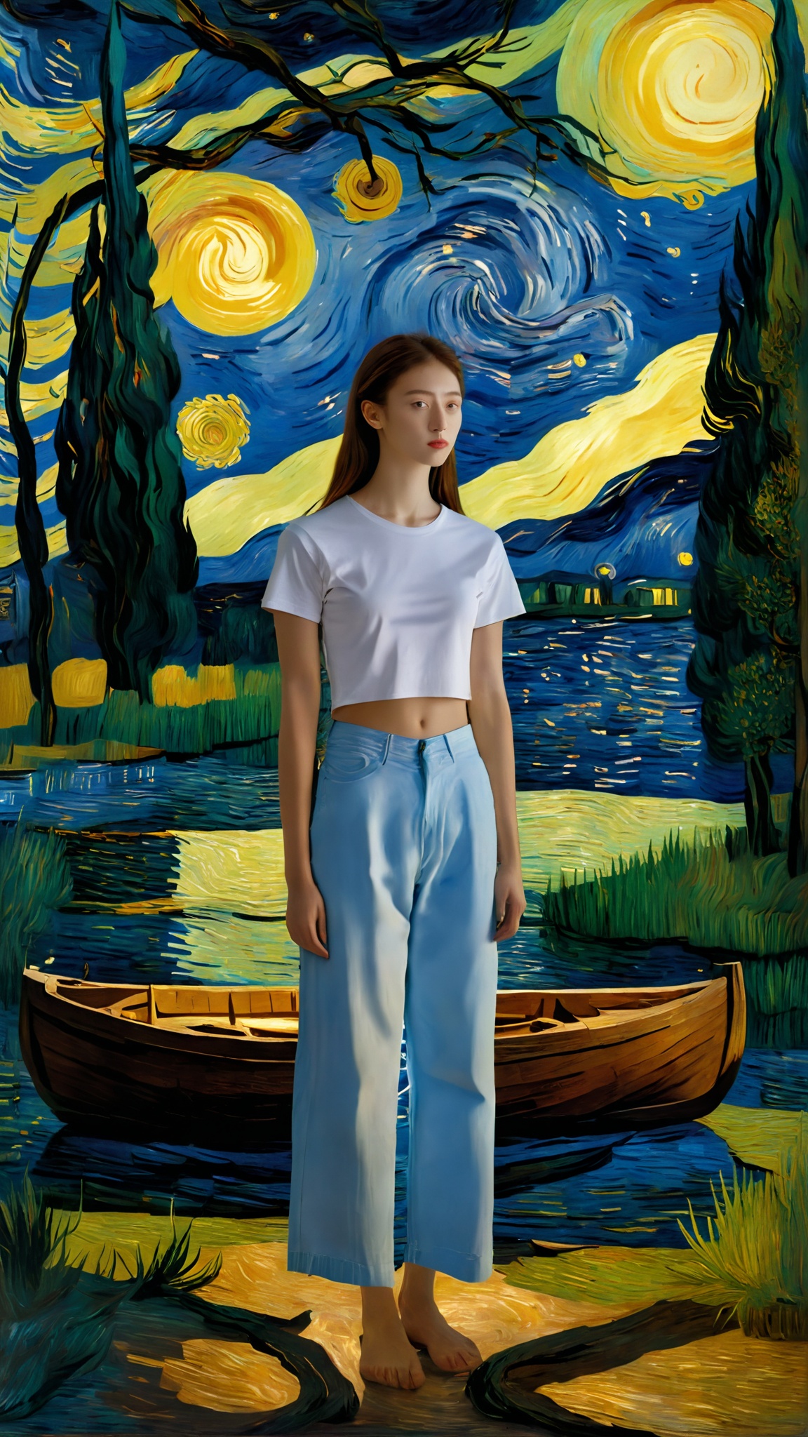 jistarrynight,van Gogh,A young girl wearing a white T-shirt stood by the lake,light and shadow,full body,boat,tree<lora:lora:1>,