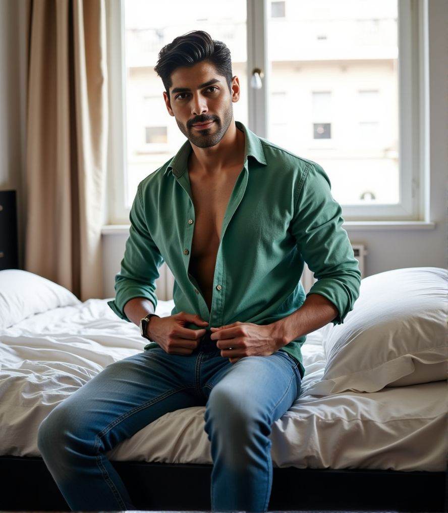 Smaran Sahu ,  He is unbuttoning his green shirt,  sitting on the edge of a black Ikea bed with white sheets on Tensor.Art