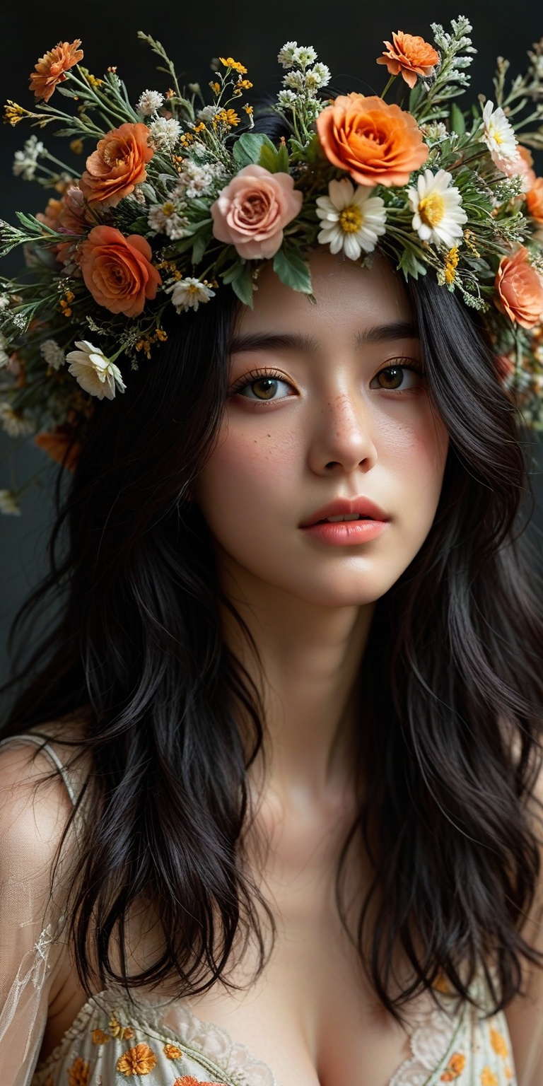 solo,1girl,full of layers of long black hair,charming golden eyes,bright flowers as a headdress,glamorous blush on the face,a little freckle on the nose,Low key photography,intense contrast,shadows,minimal lighting,deep black,moody atmosphere,chiaroscuro,rich textures,detailed composition,taken in 35mm,vision of creativity,Unity vision 8K dynamic wallpaper,pinnacle of detail,epitome of artistic aesthetics,masterfully unique,solitary female figure,golden waves of hair,naturally cascading,cheeks tinted with a subtle blush,(mesmerizing emerald-green eyes:0.8),ultra-precise in detail,capturing a lively perspective,luxurious beauty amid chaos,graceful and majestic,powerful and emotionally compelling color contrasts,imbued with rich romanticism influences,adorned with splendid flowers,stark contrast with a pure black background,gentle silhouette of medium bust,