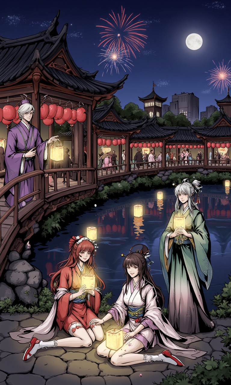 <lora:flux-lora-000010:1>,This digital painting depicts a vibrant nighttime festival scene in an East Asian setting. Four characters, dressed in traditional Japanese attire, gather by a lantern-lit waterway. A man in a purple robe stands on a bridge, while two women in red and white kimonos sit on the ground, holding glowing lanterns. Another woman in a green and white kimono stands on the right. Traditional Japanese architecture with red lanterns and intricate designs fills the background. Fireworks light up the sky, and a full moon hangs above. The water reflects the lanterns and fireworks, adding to the festive atmosphere. The scene is rich in colors, textures, and details, capturing the spirit of a traditional celebration.