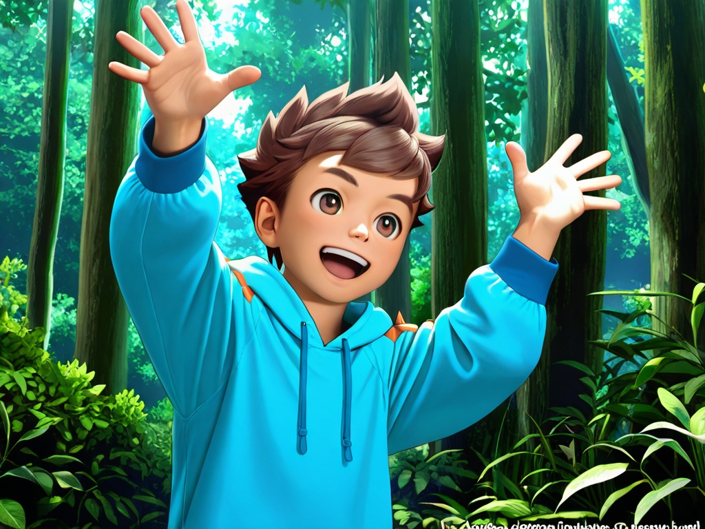 <lora:MHS_Lute_XL:1>,monster hunter \(series\),monster hunter costume,blue loungewear,do not split pictures,best quality,best detail,masterpiece,NSFW,male focus,forest,solo,1boy,male_child,petite,brown hair,brown eyes,short hair,(long eyebrows:0.8),happy,perfect hands,(5fingers:1.3),correct anatomy,huge filesize,available light,full_shot,(photorealistic:1.1),