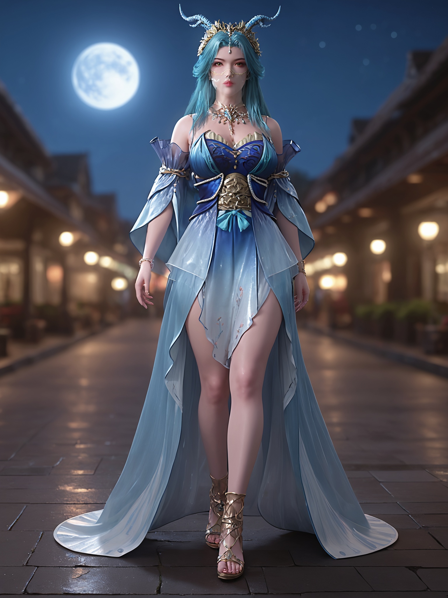 score_9,1girl,solo,shiny,shiny_hair,score_9,full body,fair_skin,white_skin,shiny_skin,shiny,Ivory_skin,looking at viewer,cinematic lighting,volumetric lighting,solo focus,blurry background,depth of field,night,sky,night sky,full moon,(huge planetary background:1),moonlight,<lora:龙女Pony完美世界:0.7>,turquoise hair,