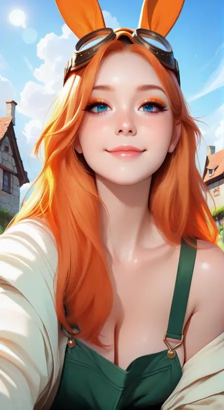 masterpiece,best quality,good quality,very awa,very aesthetic,absurdres,newest,1girl,18 years old,solo,long_hair,looking_at_viewer,blue_eyes,village_background,closed_mouth,smile,big blue eyes,Happy,off shoulder,upper_body,orange_hair,freckles,goggles,Bunny ears,Green overalls,off shoulder,eyelashes,lips,eyeshadow,Sunny,clouds,Stone houses,ink drawing,opill,gr4ph1t3,studio_lights,( dimly lit:1.2),(professional lighting:1.3),Dynamic shot,Dynamic pose,conjuring,foreshortening,extreme perspective,bokeh,, beautiful detailed eyes,highly detailed skin,extremely delicate and beautiful girls, best quality , masterpiece, illustration, an extremely delicate and beautiful, extremely detailed ,CG,unity,8k wallpaper, Amazing, finely detail, masterpiece, best quality,official art,extremely detailed CG unity 8k wallpaper,absurdres, incredibly absurdres, huge filesize , ultra-detailed, highres, extremely detailed,beautiful detailed girl, extremely detailed eyes and face, beautiful detailed eyes,, beautiful detailed eyes,highly detailed skin,extremely delicate and beautiful girls, (8k, best quality, masterpiece:1.2),(best quality:1.0), (ultra highres:1.0) ,absurdres,incredibly absurdres,huge filesize,ultra-detailed,highres,masterpiece,, best quality , masterpiece, illustration, an extremely delicate and beautiful, extremely detailed ,CG,unity,8k wallpaper, Amazing, finely detail, masterpiece, best quality,official art,extremely detailed CG unity 8k wallpaper,absurdres, incredibly absurdres, huge filesize , ultra-detailed, highres, extremely detailed,beautiful detailed girl, extremely detailed eyes and face, beautiful detailed eyes,