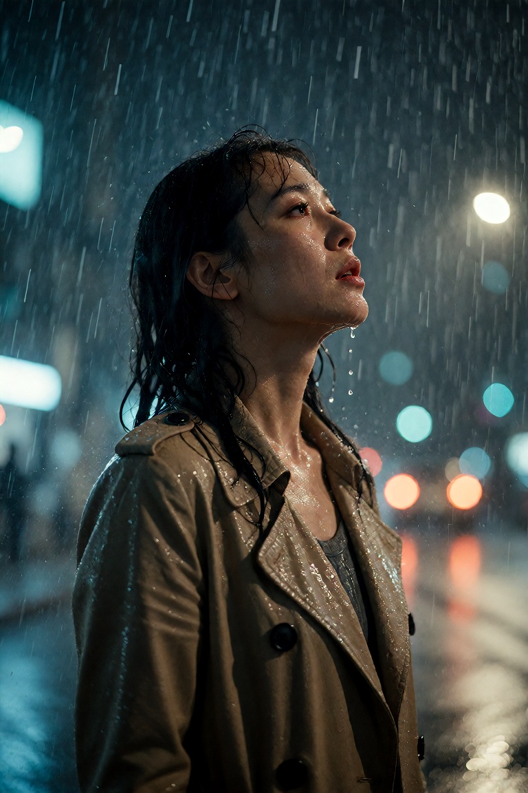 A Korean woman stands in the middle of a Seoul street during a heavy nighttime downpour,  her face turned upward with tear...