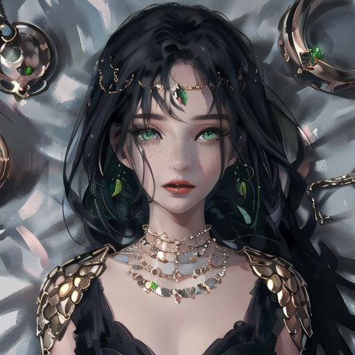 best quality,masterpiece,illustration,wallpaper,1girl,solo,black hair,jewelry,freckles,earrings,green eyes,head chain,looking at viewer,necklace,on back,lying,red lips,long hair,artist name,lips,blurry,from above,closed mouth,gem,magatama earrings,black dress,bangs,dress,crescent,portrait,depth of field,green gemstone,<lora:风铃:0.7>,, masterpiece, best quality,