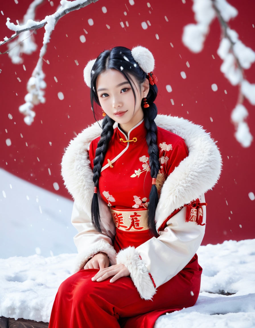 1girl, solo, braid, realistic, looking at viewer, long hair, hair ornament, red background, snow, chinese clothes, sitting, black hair, snowing, fur trim score_9,score_8_up,score_7_up,score_6_up,score_5_up,score_4_up,
