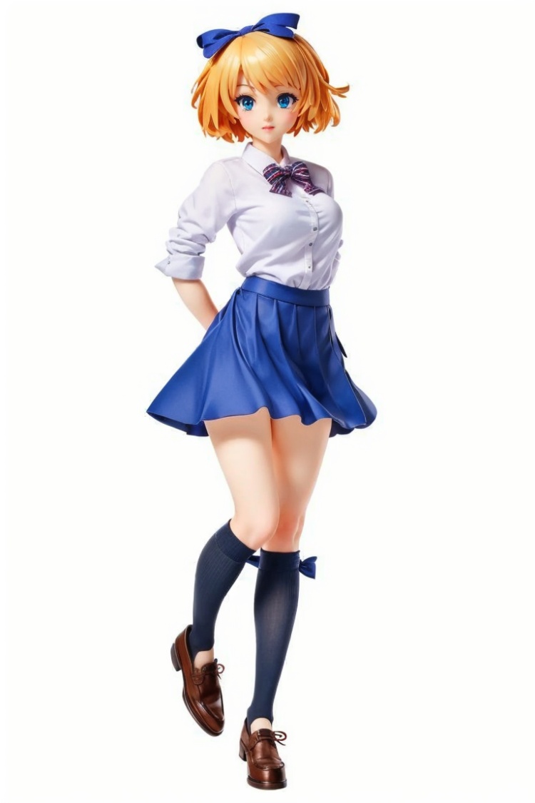 ((HRD, HUD, 8K)),((masterpiece, best quality)), highly detailed,Handmade, 1girl, solo, school uniform, blonde hair, skirt, short hair, socks, bow, shoes, standing, loafers, ribbon, blue eyes, orange hair, white background,  <lora:20240316-1710599536818:0.8>