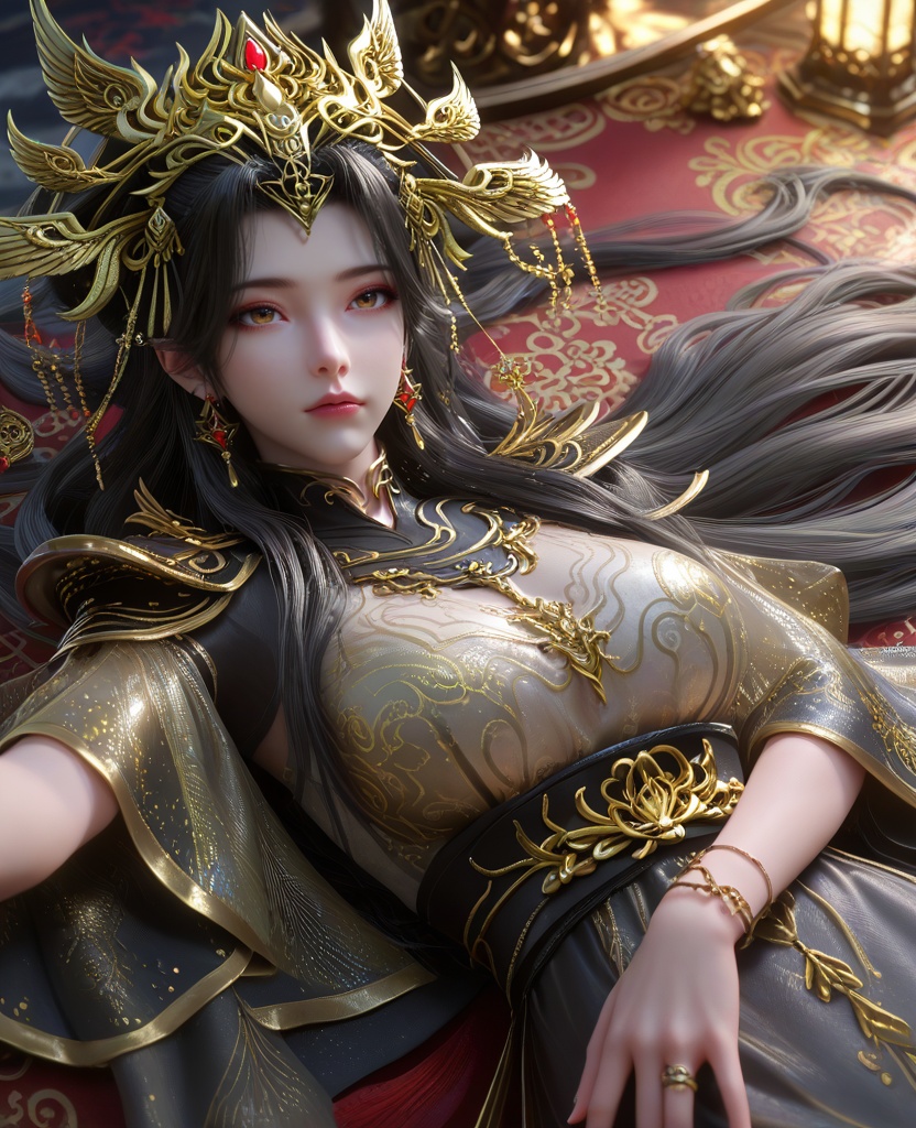 (lying:1.1),looking at viewer,(large breasts:1.2),<lora:XL16云深不知梦炽阳瑾:0.95>,miss chiyangjin,black tiered dress,brown eyes,black hair,absurdly long hair,half-up braid with long cascading hair,hair ornament,earrings,jewelry,sash,shoulder armor,bracelet,wide sleeves,see-through overdress,clothing cutout,, score_9,score_8_up,score_7_up,score_6_up,score_5_up,score_4_up,3d rendering,tag1,tag2, Cinematic Lighting,backlighting,