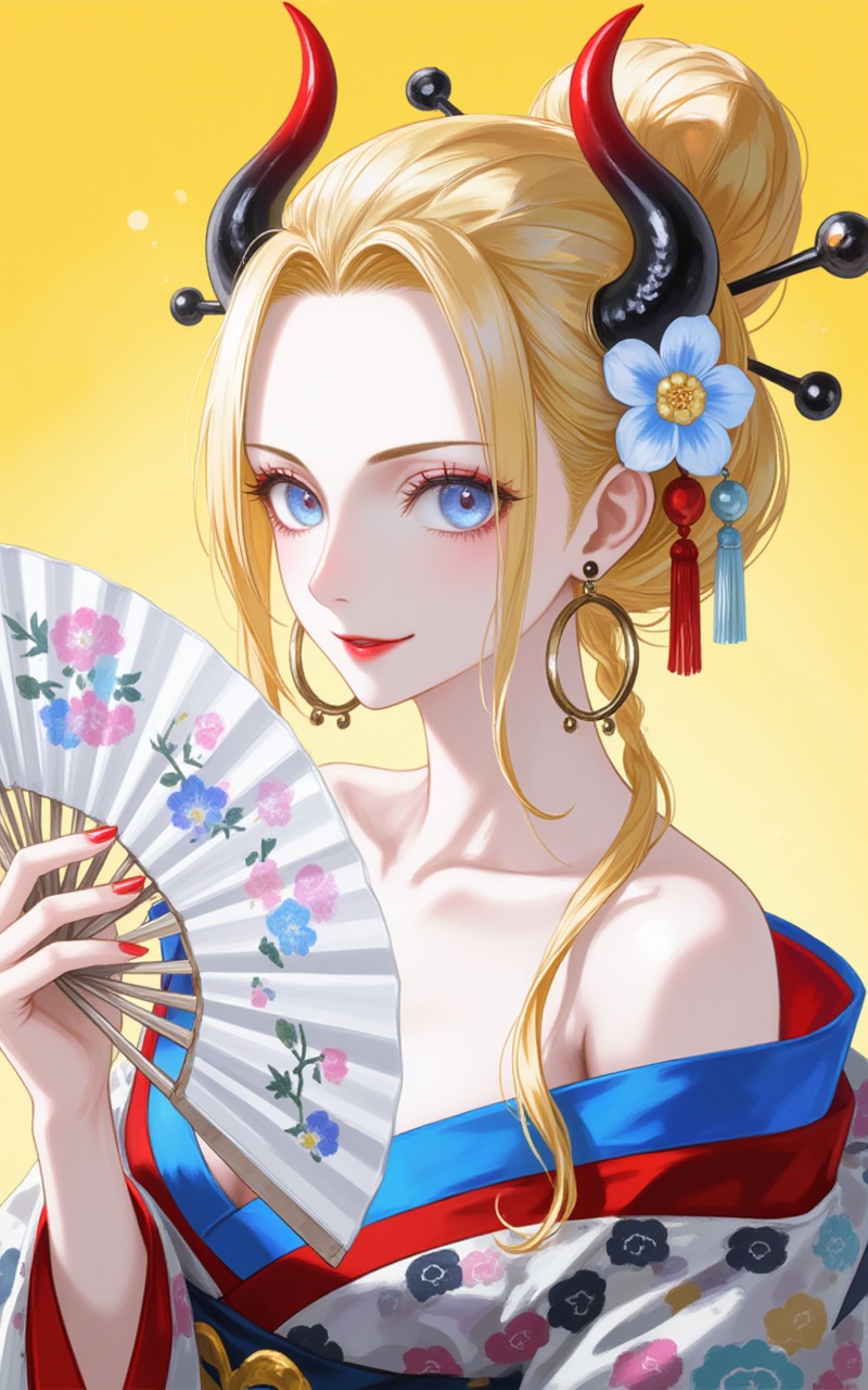 <lora:黑色玛利亚8:1>,heisemaliya,miqita,1girl,solo,hair ornament,horns,blue eyes,flower,earrings,jewelry,blonde hair,japanese clothes,hair flower,kimono,looking at viewer,blue flower,holding,bare shoulders,smile,off shoulder,egasumi,hair stick,red nails,upper body,breasts,yellow background,makeup,red lips,sidelocks,collarbone,hand fan,long hair,single hair bun,cleavage,nail polish,hair bun,lipstick,closed mouth,hoop earrings,2,cover,simple background,gradient background,close-up details,outstanding style,adding a touch of dimension to your images without compromising details,close-up,lvjing,<lora:油画唯美滤镜15:0.3>,baoshi,<lora:DJ滤镜_2.5D版:0.3>,lvjing,