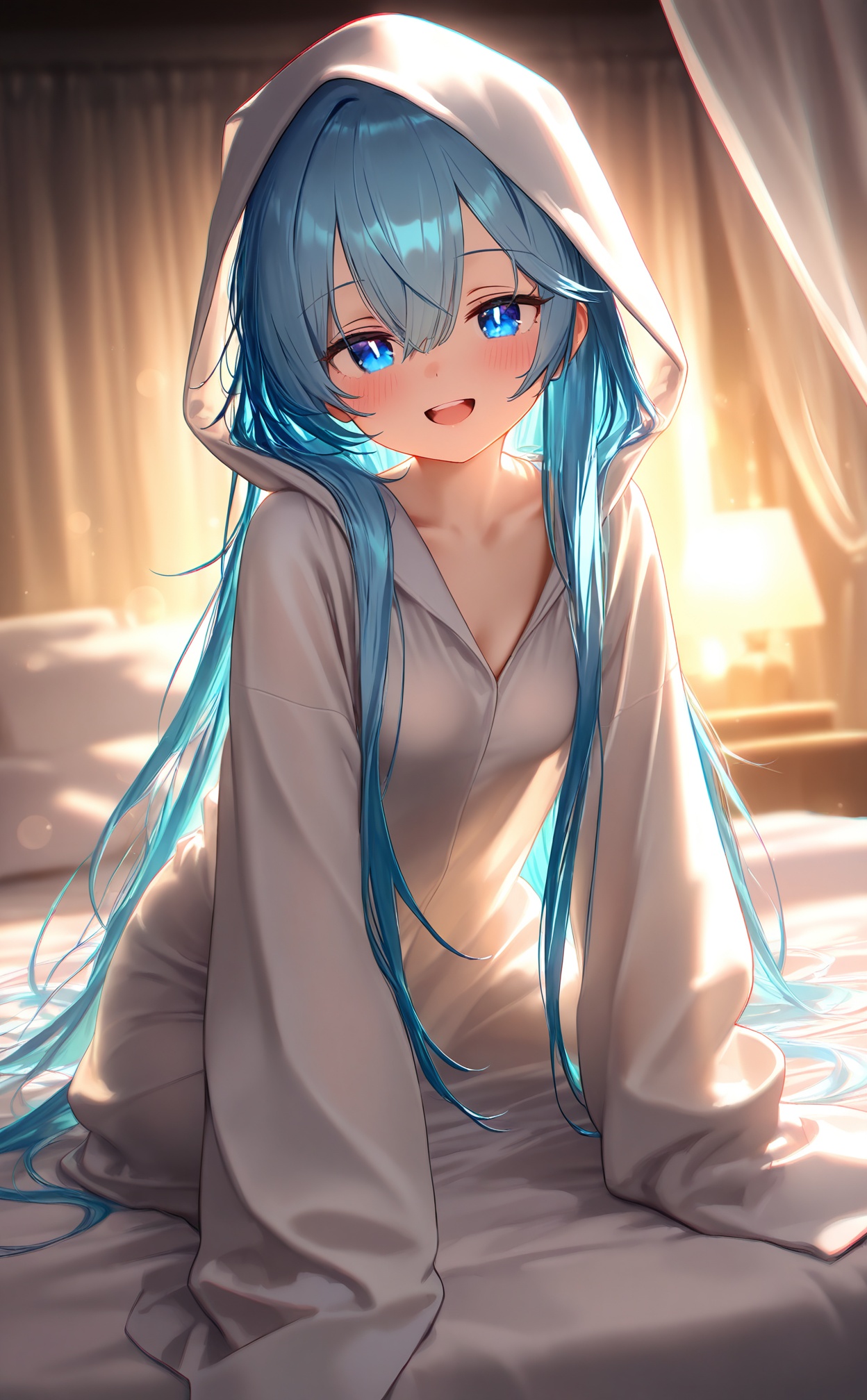 masterpiece,absurdres,best quality,high quality,chromatic_aberration,loli,petite,//,1girl,solo,long hair,blue eyes,blue hair,looking at viewer,pillow,hood up,hood,curtains,smile,sleeves past wrists,blurry,open mouth,lamp,hair between eyes,blurry background,indoors,on bed,very long hair,long sleeves,depth of field,sleeves past fingers,:d,arm support,bed,white robe,breasts,collarbone,robe,bokeh,teeth,blush,lens flare,bed sheet,canopy bed,small breasts,hooded robe,//,highres,HDR,8K,high contrast,illustration,depth of field,(colorful),Tyndall effect,contrast,lens flare,<lora:nyalia22——【noob】hans_bf16:1>,