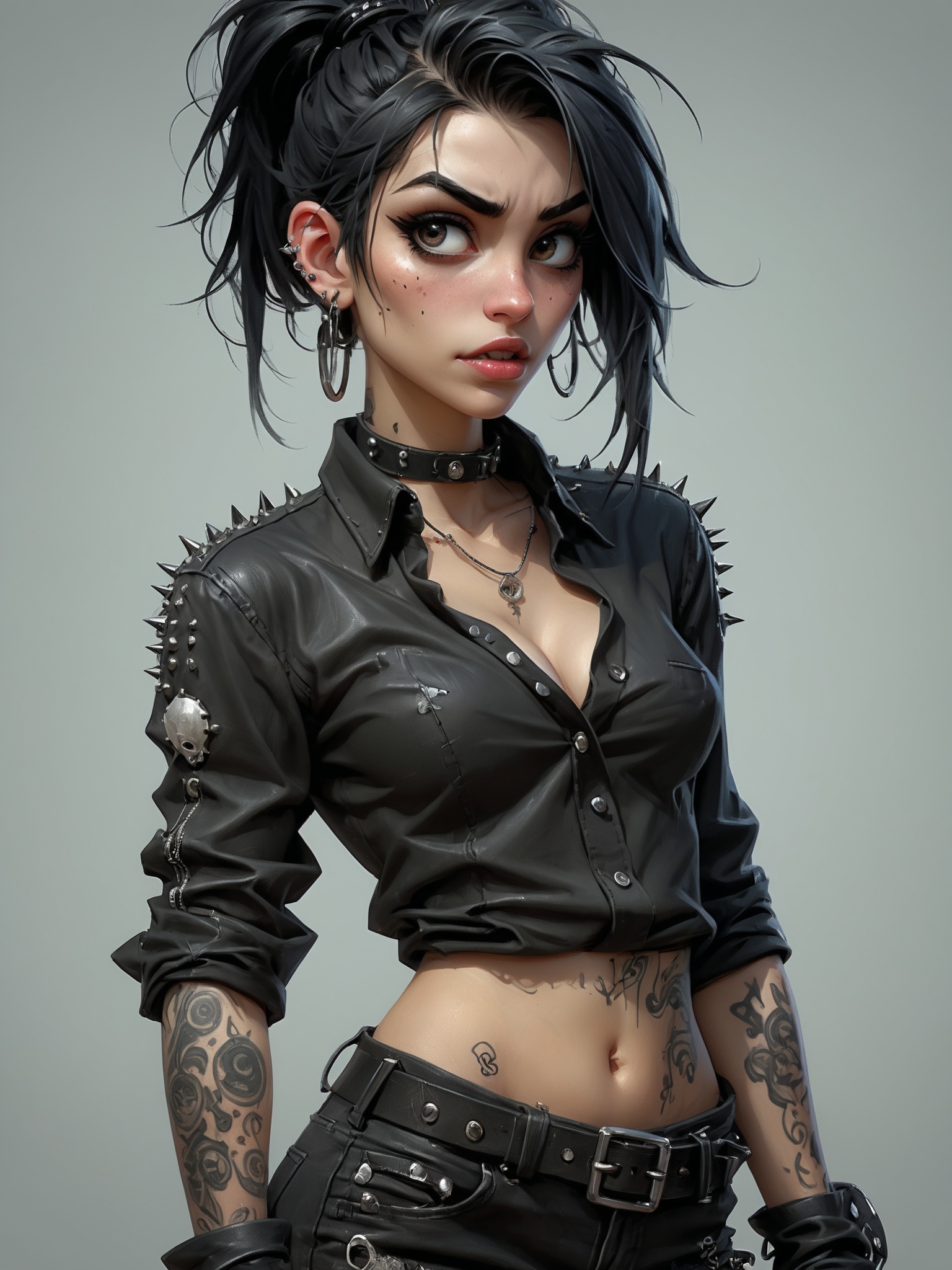 goth girl,  her messy jet black hair is pulled back in a ponytail,  the scars over her face are prominent but look old on...