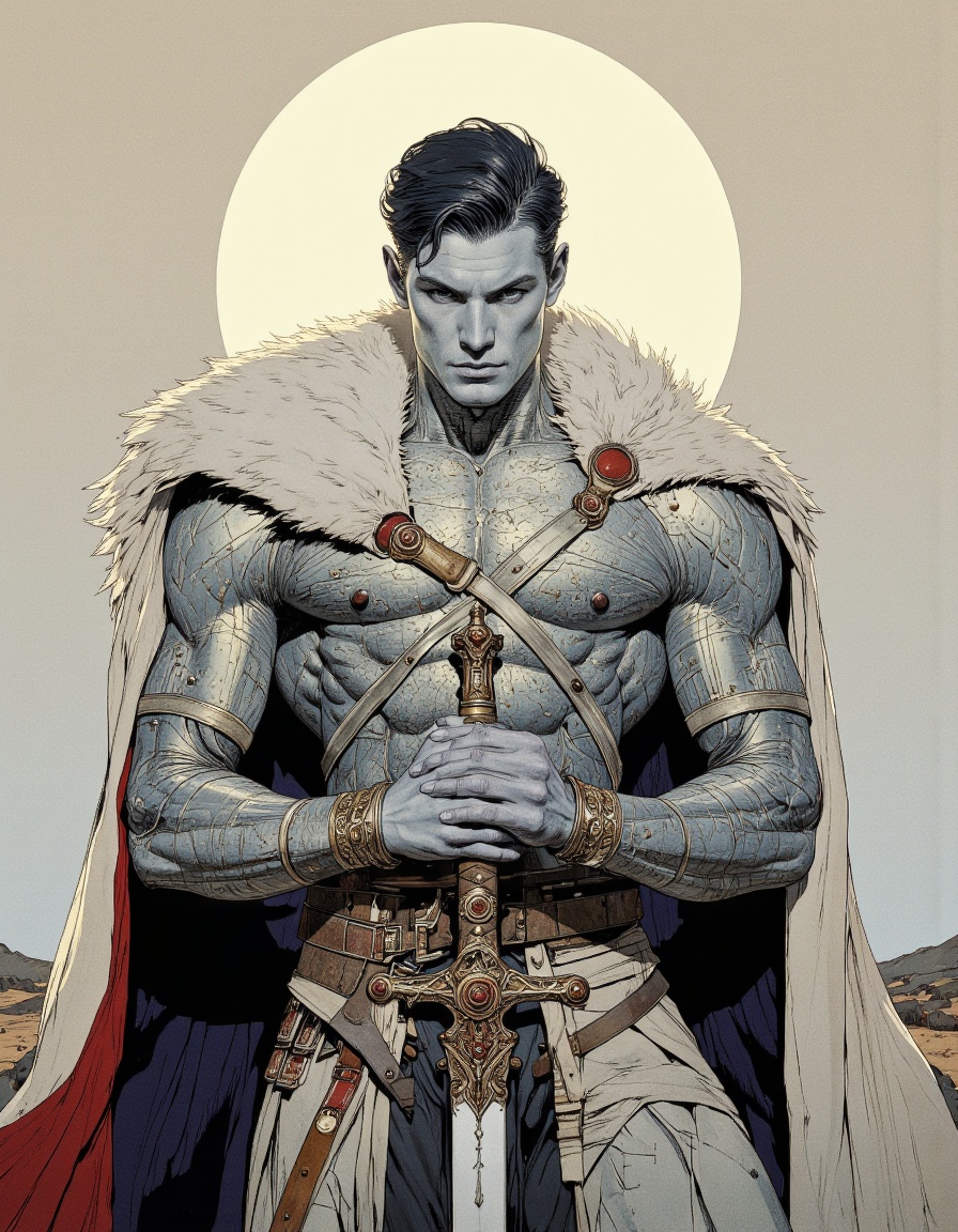 By Phandigrams. A digital illustration shoot from a portrait camera angle about a muscular,  silver-skinned,  muscular man...