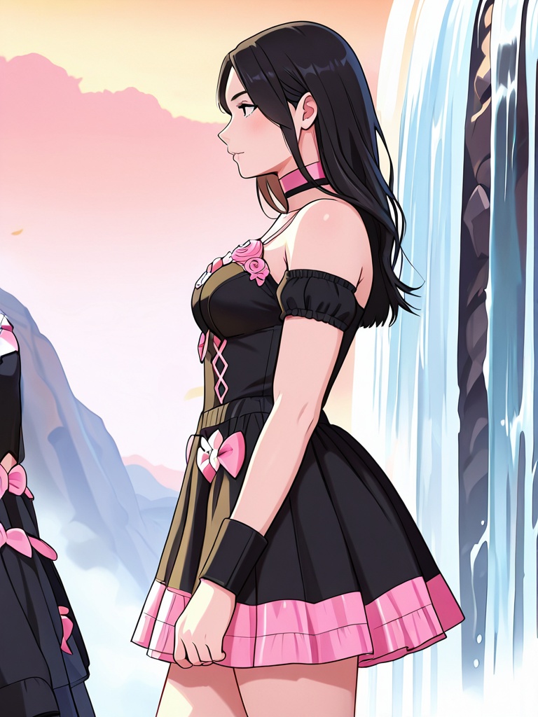 pinkandblackdresswithbows,  side view a beautiful young blackhair woman with deep hazel eyes wearing a sexy black dress wi...