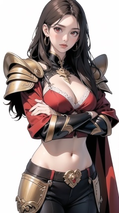 (best quality), ((masterpiece)), (highres), illustration, original, extremely detailed,1girl, solo, armor, crossed arms, navel, helmet, cape, black hair, simple background, white background, red eyes, long hair, midriff, looking at viewer, breasts, shoulder armor, brown eyes, cleavage, pauldrons, brown hair