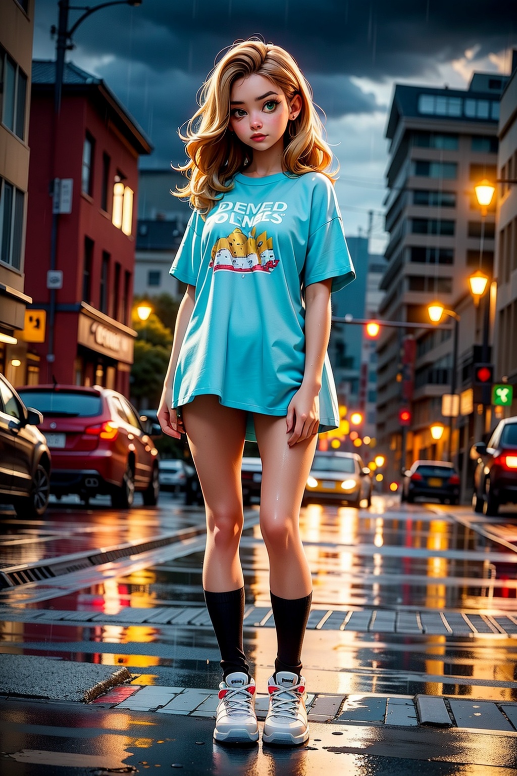(full body shot) 22 year old woman,  (getting rained on),  (standing in the rain) on Tensor.Art