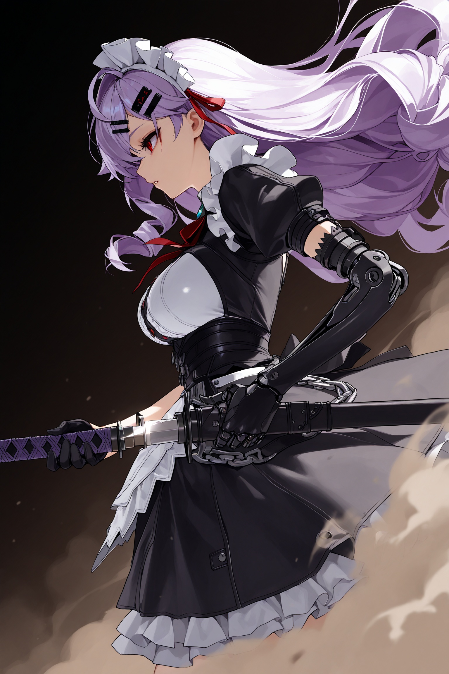 vivian \(zenless zone zero\),purple_hair,red eyes,eye streamer,masterpiece,best quality,absurdres. mechabare,[love cacao|ribao|diyokama|sukabu|yunimaru],1girl,single mechanical arm,mechanical parts,robot joints,solo,unsheathing,black gloves,katana,holding sword,mecha musume,frilled dress,profile,black dress,maid headdress,sheathed,blood,elbow gloves,armor,from side,floating hair,parted lips,scabbard,red ribbon,short sleeves,holding sheath,looking ahead,dust cloud,dark,depth of field,