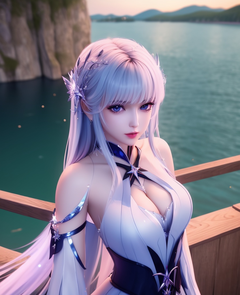 <lora:587-DA-神印王座-圣采儿-觉醒:0.8>(,1girl, ,best quality, ),looking at viewer,  ,ultra detailed 8k cg, ultra detailed background,  ,masterpiece, (( , )) , lake,upper body,   (cleavage), (),