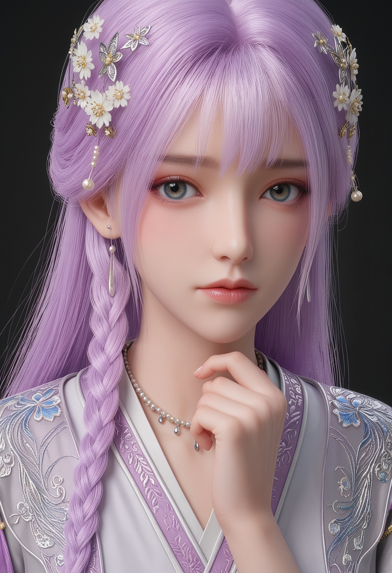 (upper_body:1.2),score_9,score_8_up,masterpiece,(best quality),intricate details,facing viewer,(looking at viewer:1.1),<lora:YQ_pony_tianqiong_shaonv_V4:0.8>,q1528437228,1girl,solo,long hair,purple hair,jewelry,hair ornament,earrings,braid,necklace,dress,hair flower,blue eyes,pink hair,chinese clothes,green eyes,side braid,grey eyes,japanese clothes,wide sleeves,long sleeves,sash,robe,BREAKscore_9,score_8_up,masterpiece,(best quality),perfect anatomy,(hourglass),perfect face,(simple background,pure black background,black background:1.1),fair_skin,shiny_skin,Ivory_skin,