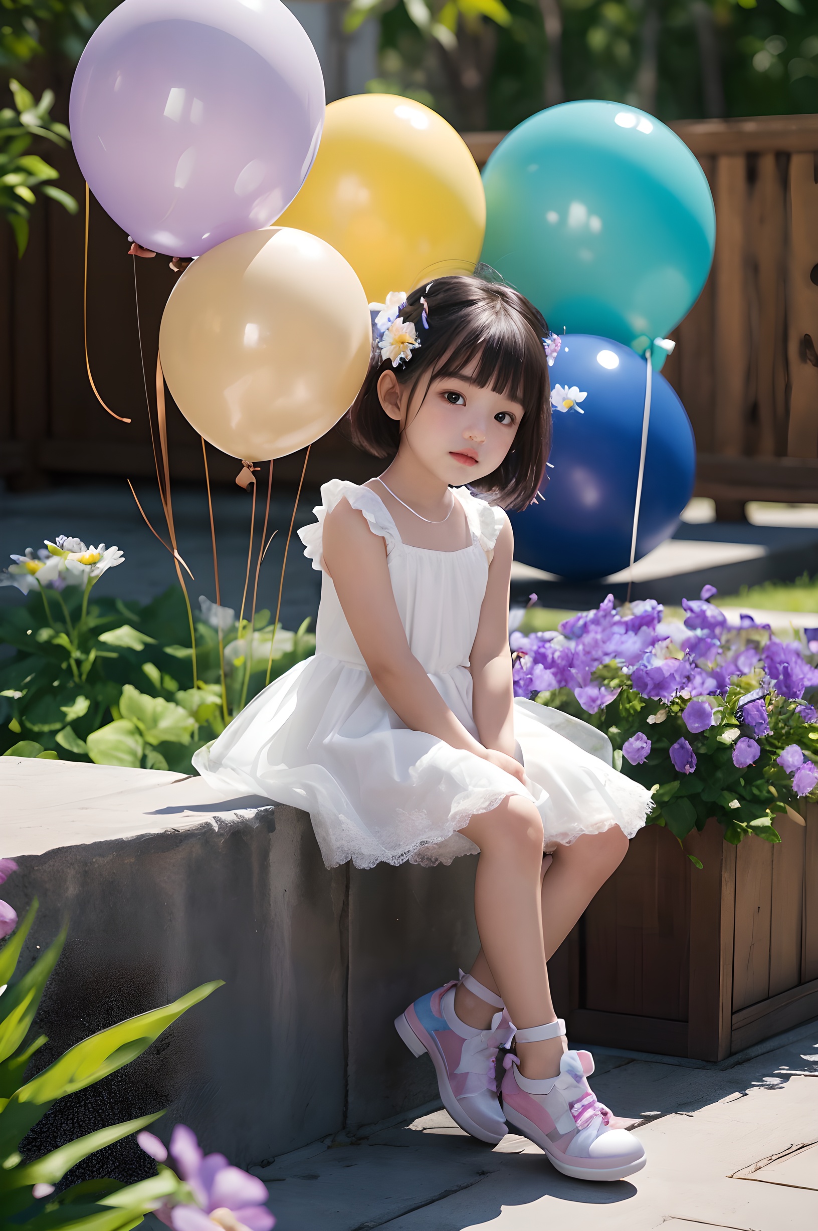 baby,3 years old,female children,<lora:Balloon Flowers_V10:0.6>,(sitting on a balloon),blooming flowers,(((the huge flower contrasts with the tiny girl))),middle of stamens,balloon flower,balloon,dream scene,CAD,unreal engine,shoes, <lora:Balloon Flowers_20231120130603:0.0.6>