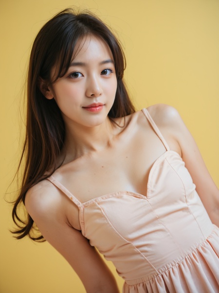 score_9, score_8_up, score_7_up, score_6, score_5, score_4, realistic, japanese, 1girl, sexy, (dynamic angle:1.2), photo, medium breasts, stylish dress, long hair, look the viewer, (smile:0.5), pastel yellow background