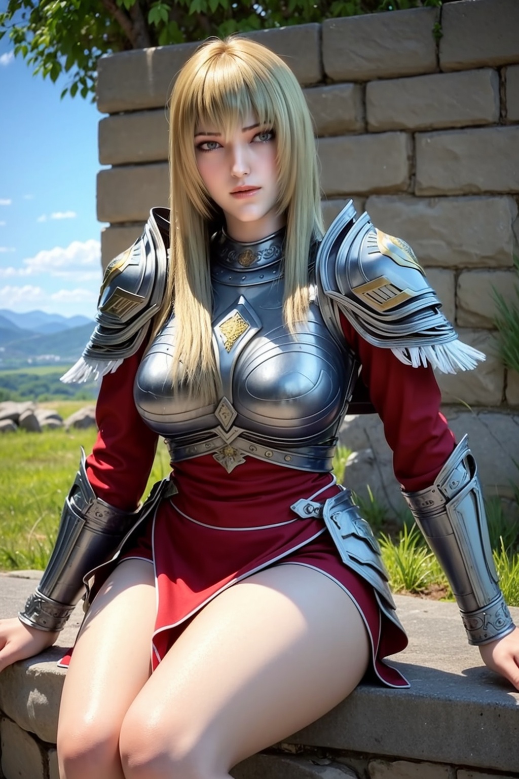 ultra realistic 8k cg,picture-perfect face,perfect face,beautiful face,masterpiece,fantasy,detailed background,realistic,perfect female body,curvy body,skindentation:1.3,glowing eyes,intricate detail,cowboy shot,1girl,sitting,(blonde hair),solo,mountain,sky,cape,long hair,rocks,sky,(armor clothes),a woman in a red dress sits on a stone wall with a mountain in the background,(skirt),(thigh),(bangs),<lora:TianShiYan:0.8>,