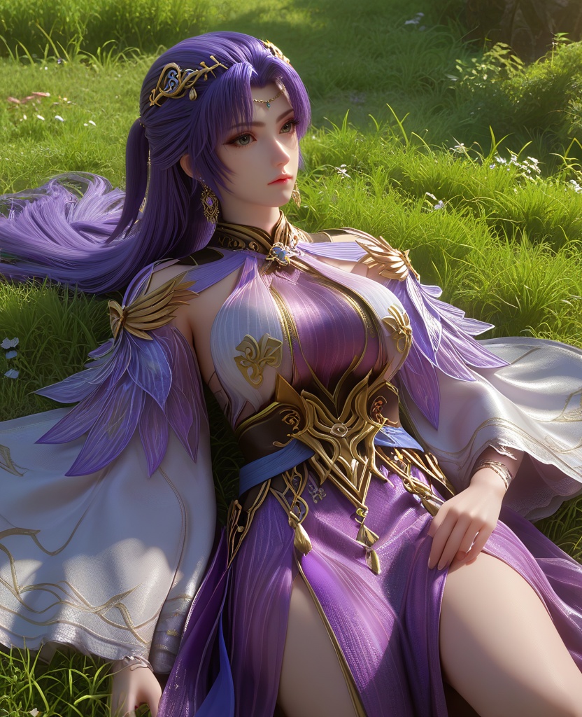 (Lying on a grassy meadow, making a daisy chain, with a bright and playful expression,:1.1),(large breasts:1.2),<lora:XL16云深不知梦叶青梧:0.95>,miss yeqingwu,violet panel dress,purple hair,half-up ponytail style,long hair,hair ornament,earrings,jewelry,wide sleeves,sash,, score_9,score_8_up,score_7_up,score_6_up,score_5_up,score_4_up,3d rendering,tag1,tag2, Cinematic Lighting,backlighting,