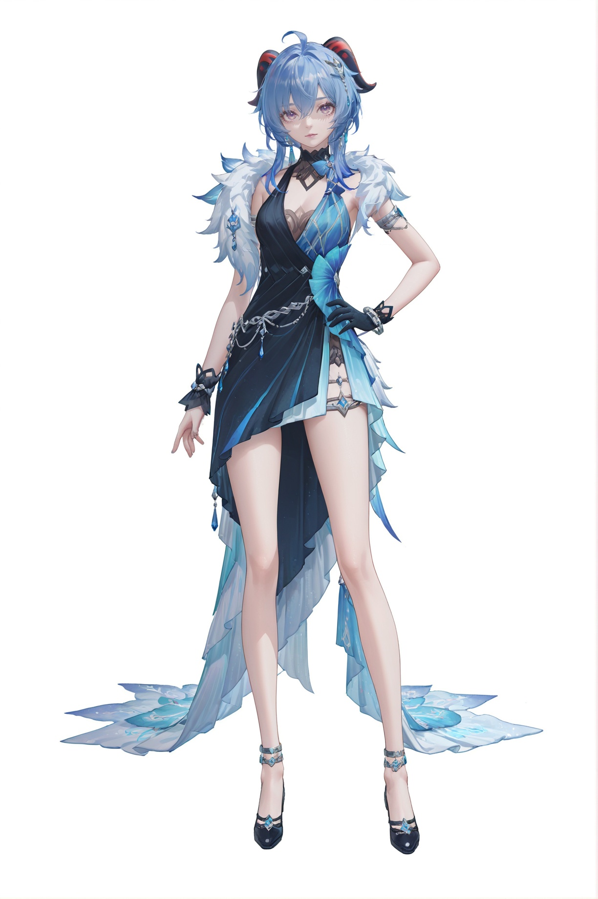 8k,best quality,masterpiece,(ultra-detailed),(high detailed skin),(artist:reoen:0.826446),(artist:machi:0.9),(artist:ningen_mame:0.9),(artist:sho_(sho_lwlw):0.9),(artist:rhasta:0.9),(artist:wlop:0.7),(artist:ke-ta:0.6),(fkey:0.5),(tianliang duohe fangdongye:0.5),(hiten \(hitenkei\):0.6),best quality,amazing quality,(artist:onineko:0.826446),very aesthetic,bokeh,masterpiece,best quality,<lora:wqmt-gnoob-Tanger:0.45>,Path to Nowhere  \(video game\),game CG,cool,full body,full shot,standing,looking at viewer,(solo:1.2),simple background,(white background:1.2),hand on own hip,(white background:1.1),ganyu \(genshin impact\), <lora:yela_newc-ill-Tanger:0.9>,clothes: yelanew blue-and-black dress,yelanew alternate costume,1girl,yelanew single glove,jewelry,bracelet,sleeveless,yelanew fur trim,
