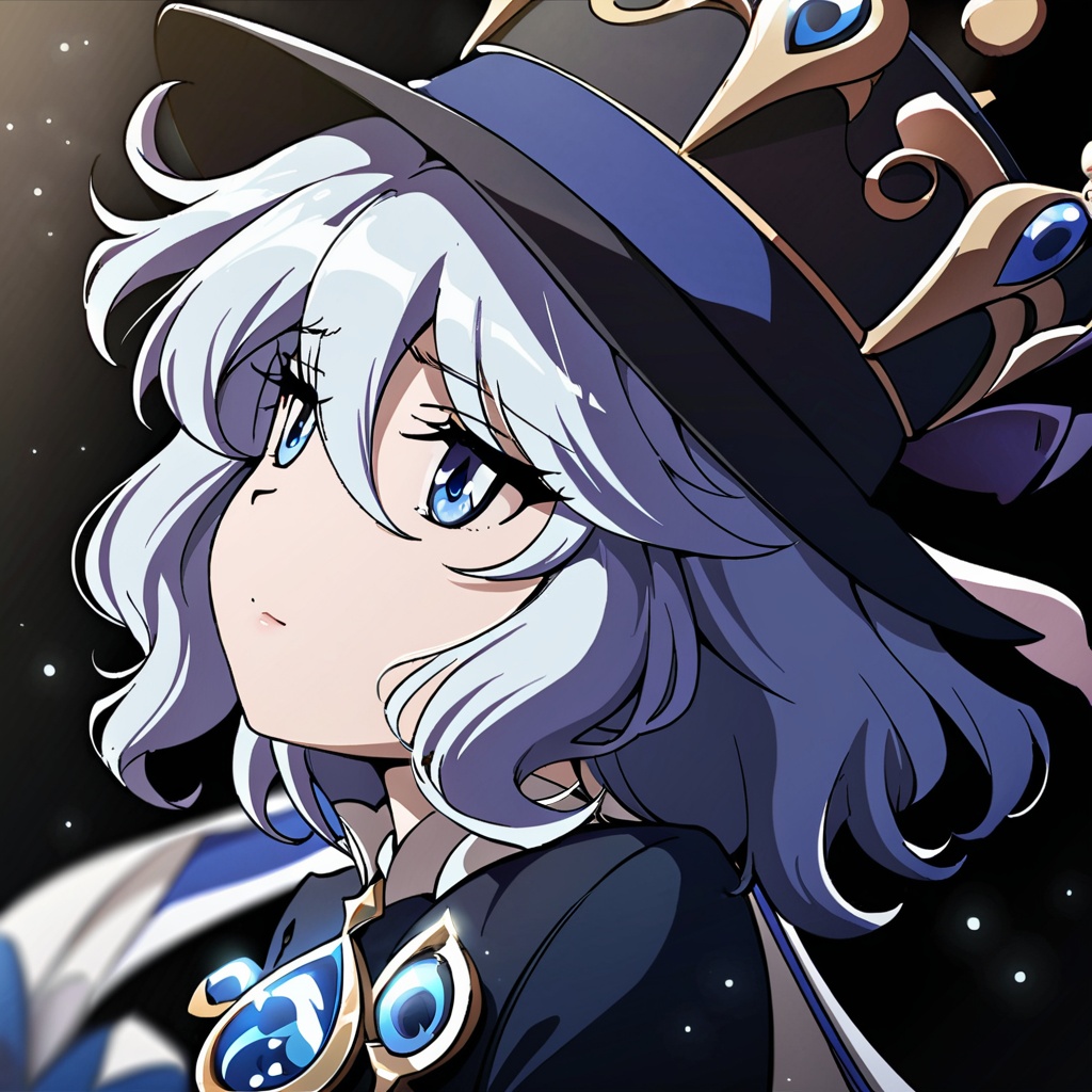 masterpiece, best quality, <lora:tgm-xl-a3.1:1>,pixiv,solo,1girl,furina (genshin impact),hat, black background,top hat, simple background, upper body, blurry,looking to the side,looking up, light particles, from side,gem eyes,sad,blue eyes,