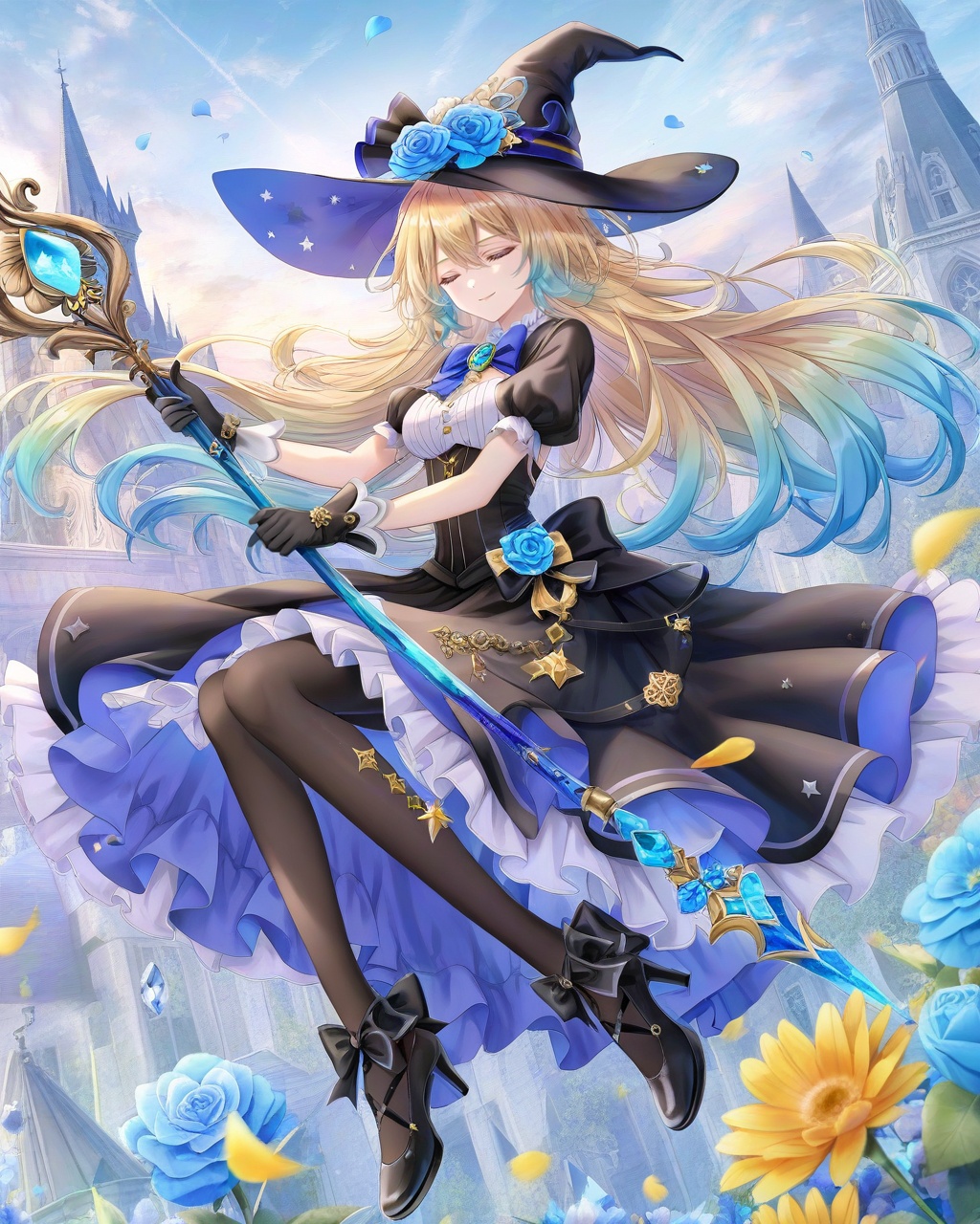 witch hat, blue flower, 1girl, gloves, dress, hat, flower, closed eyes, long hair, black dress, short sleeves, blonde hair, solo, puffy sleeves, high heels, puffy short sleeves, pantyhose, holding, sky, black headwear, black gloves, witch, cloud, bangs, frills, bow, skull, black footwear, very long hair, multicolored hair, blue bow, blue hair, frilled dress, black pantyhose, staff, closed mouth, petals, full body, smile, yellow flower, crystal, jewelry, floating, blue rose, gem, holding staff, outdoors, shoes, ribbon, cloudy sky, blue ribbon, hat bow, hair between eyes, gradient hair, breasts, hat flower, blue bowtie