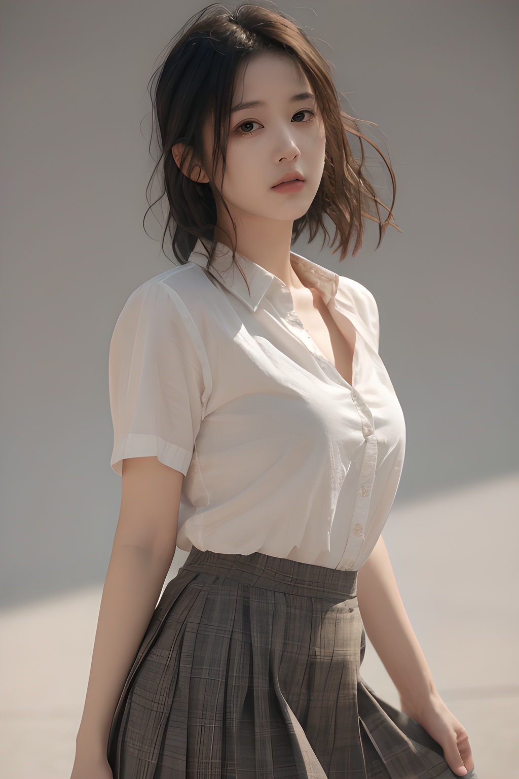 <lora:0806_07:0.7>,simple background,pleated_skirt,, 1girl,realistic,masterpiece, best quality, photorealistic, HDR,detail