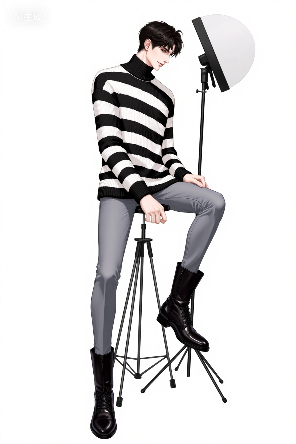 Realistic anime drawing of handsome young man,,  in an oversized striped sweater and patent boots leans against a photography light stand., Negative prompt: ng_deepnegative_v1_75t,(badhandv4:1.2),EasyNegative,(worst quality:2),,nsfw, Steps: 30, Sampler: Euler, CFG scale: 3.5, Seed: 3270409570, Size: 1024x1536, Model hash: 8cba4f1ef4, Model: F.1基础算法模型-哩布在线可运行_F.1-dev-fp8.safetensors, Denoising strength: 0, RNG: CPU, Lora 1: 20251118, Lora Hash 1: d7ed8b5205, Lora Weight 1: 1.0, vae_name: automatic