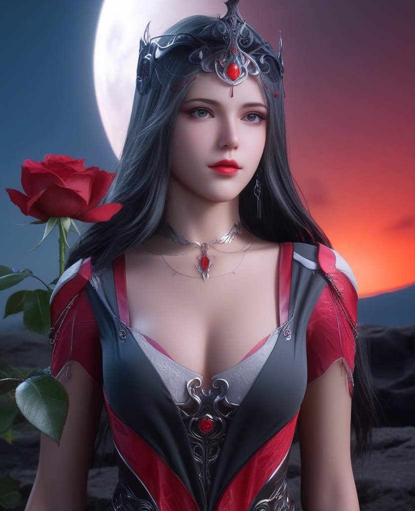 <lora:700-DA-XL-斗罗大陆-波赛西:0.8>(,1girl, ,best quality, ),looking at viewer,  ,,ultra detailed background,ultra detailed background,ultra realistic 8k cg,, ,masterpiece, (( , )),, ,science fiction,mole, ,    ,red moon, black rose,     (cleavage), (),