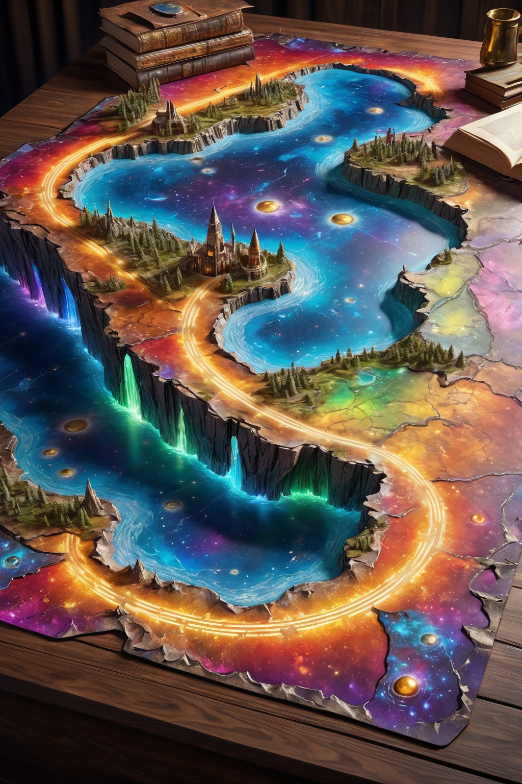 top view of a holographic magical highway map (3 dimensional),  torn and worn,  map looks to be floating off the paper on...