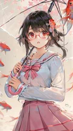 (best quality), ((masterpiece)), (highres), illustration, original, extremely detailed,  <lora:ACG ART_Vl:0.7>1girl, skirt, glasses, umbrella, solo, holding umbrella, shirt, bow, fish, red eyes, holding, goldfish, school uniform, pleated skirt, sailor collar, long sleeves, bowtie, black hair, transparent, bangs, white shirt, serafuku, pink bow, transparent umbrella, pink skirt, white sailor collar, signature, red-framed eyewear, open mouth, :o, collarbone, blush, pink bowtie, nail polish, water drop, red bow