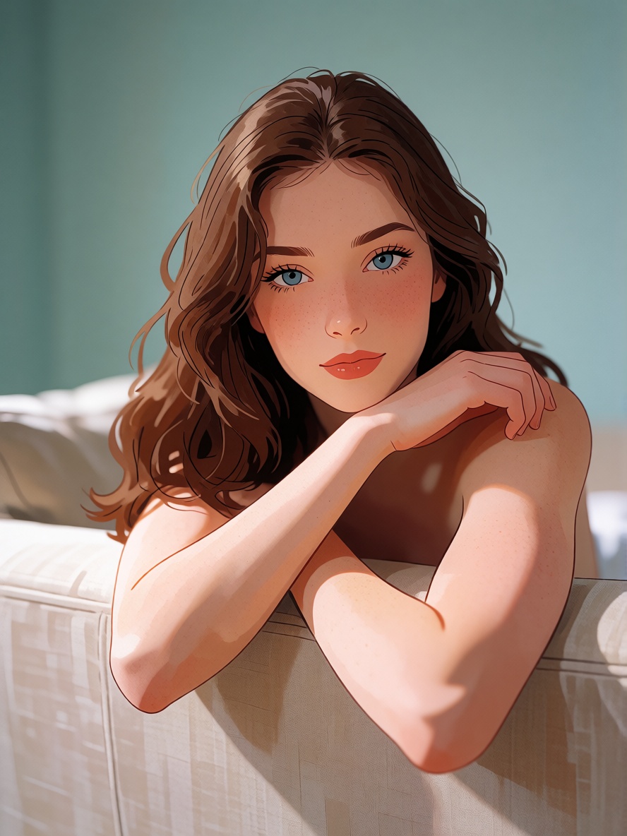 CartoonLadies style. A young European woman in her early twenties rests her chin near her crossed arms atop a beige uphols...