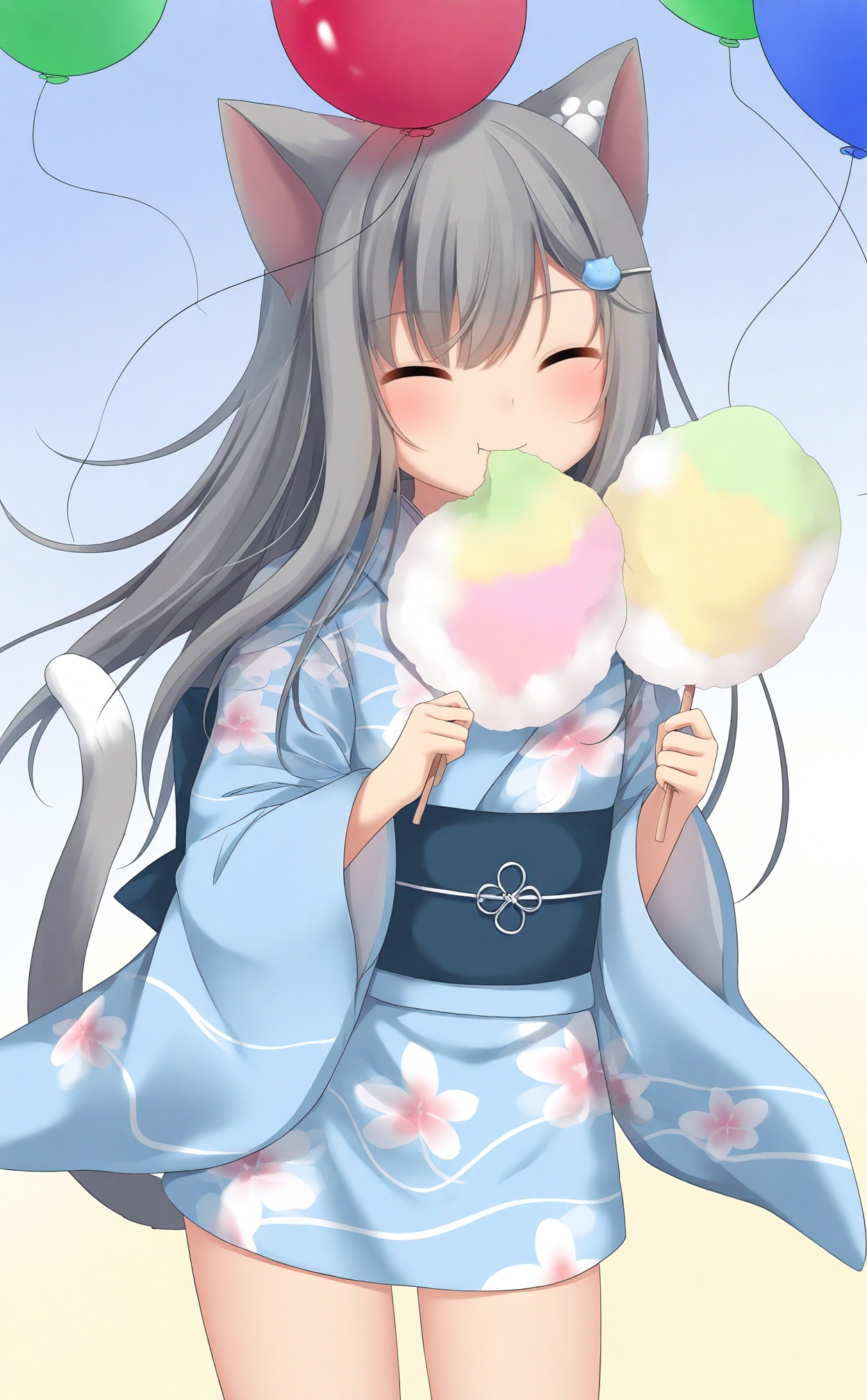 masterpiece,absurdres,best quality,loli,petite,high quality,chromatic_aberration,//,cotton_candy, 1girl, japanese_clothes, kimono, grey_hair, blue_kimono, tail, cat_tail, animal_ears, solo, cat_ears, obi, sash, closed_eyes, floral_print, long_hair, holding_food, food, print_kimono, wide_sleeves, holding, hairclip, candy_apple, cat_girl, hair_ornament, eating, long_sleeves, blush, yukata, tail_raised, closed_mouth, ^_^, very_long_hair, smile, facing_viewer, balloon, gradient_background, summer_festival//,//,<lora:gancheng——【noob】hans:0.88>,