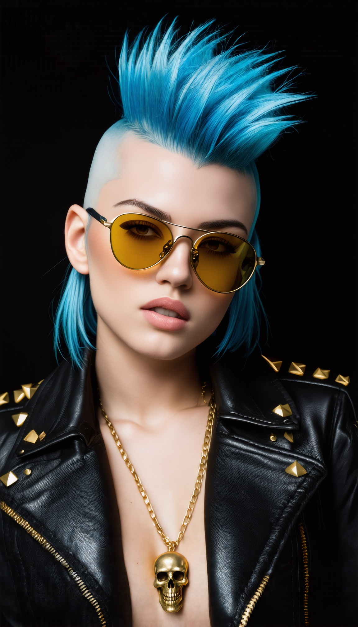 The image is a digital portrait of a young woman with a unique and edgy hairstyle. She has blue hair that is styled in a m...