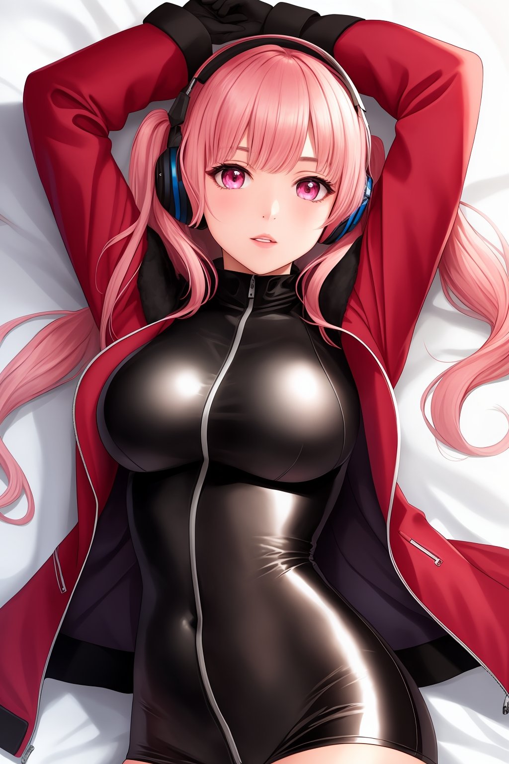 1girl, arms up, bangs, bodysuit, breasts, covered navel, cropped jacket, gloves, headphones, impossible bodysuit, jacket, large breasts, long hair, long sleeves, looking at viewer, lying, medium breasts, on back, parted lips, pink bodysuit, pink eyes, pink hair, puffy sleeves, red jacket, shrug \(clothing\), skin tight, solo, twintails,alice \(nikke\),(masterpiece:1.4),(best quality:1.4),(shiny skin),realistic