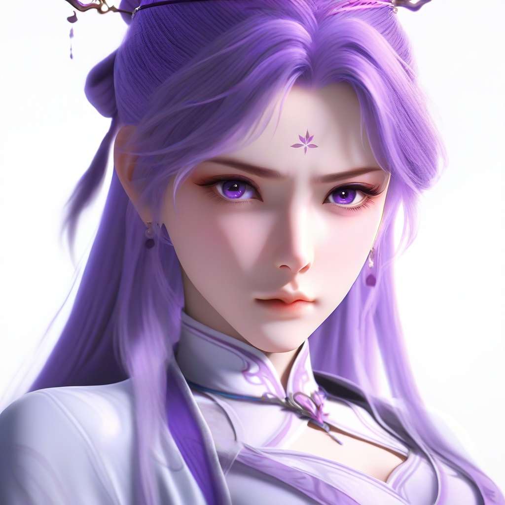 realistic,1girl,<lora:ill自制模型宁小龄:0.7>,hair ornament,solo,climax face,long hair,purple hair,purple eyes,earrings,dress,jewelry,closed mouth,chinese clothes,hair bun,flower,simple background,purple dress,looking at viewer,long sleeves,white background,hairpin,hair stick,single hair bun,forehead mark,white dress,facial mark,hair rings,collared dress,china dress,breasts,<lora:ill细节滑块:3>,<lora:Hyperrealistic_illustrious:1>,