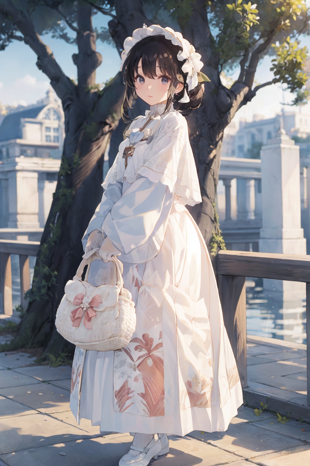 (((masterpiece))),(((best quality))),1girl,solo,outdoors,white footwear,tree,bangs,long sleeves,wide sleeves,white gloves,white dress,day,<lora:PDLX_汉洋折衷-1:1>,