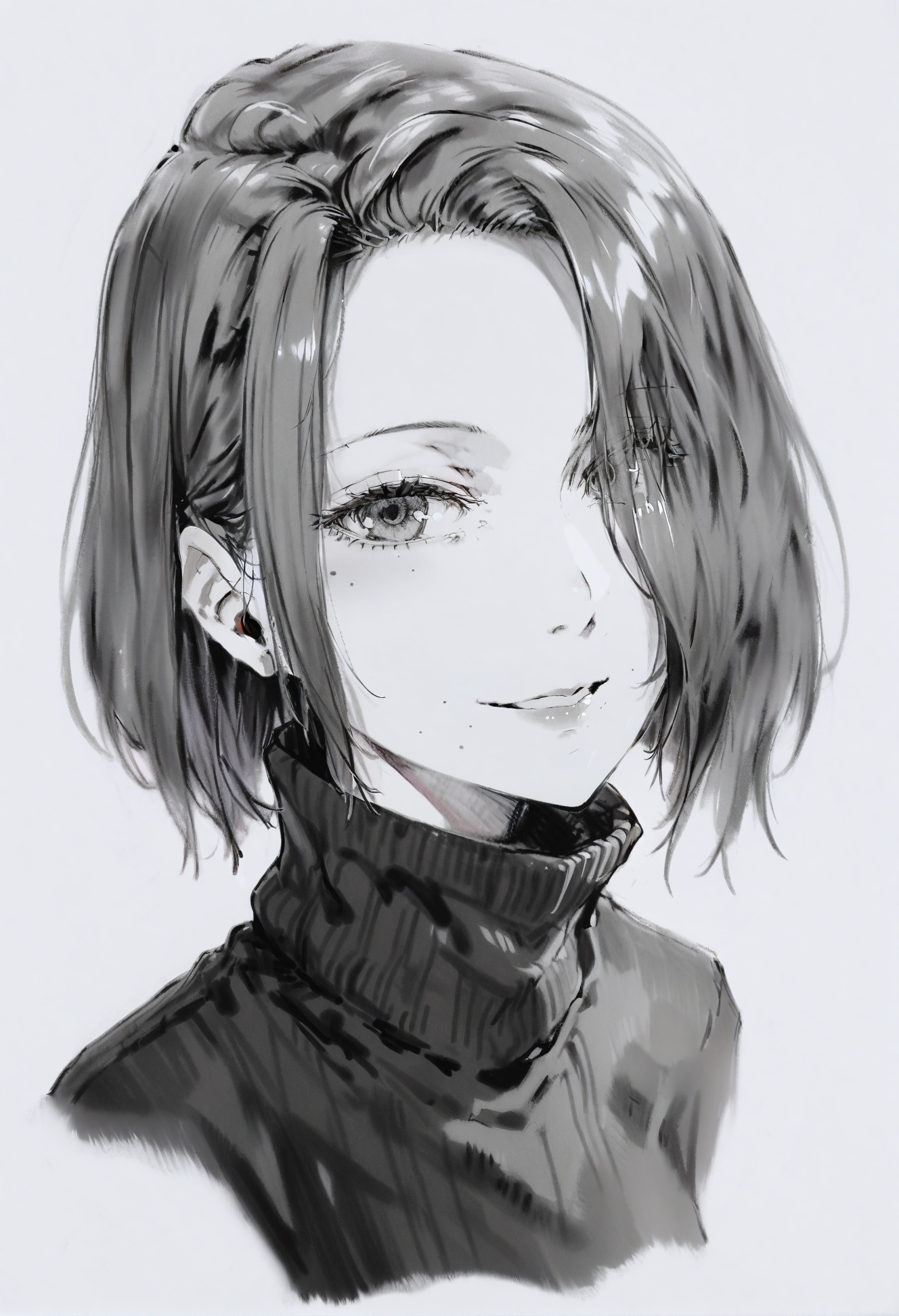 masterpiece, best quality,1girl,   mole under mouth, greyscale, monochrome, solo, mole, yorha no. 2 type b, short hair, hair over one eye, closed mouth, turtleneck, looking at viewer, sketch, simple background, portrait, lips, white background, hatching \(texture\), eyelashes, 背景, lineartclosed eyes, traditional media, ink \(medium\), graphite \(medium\), parted bangs, snot, linear hatching, hair behind ear, turtleneck sweater, eyes visible through hair, sweater, smile <lora:DInoballXLlokr8f-000185:0.95>