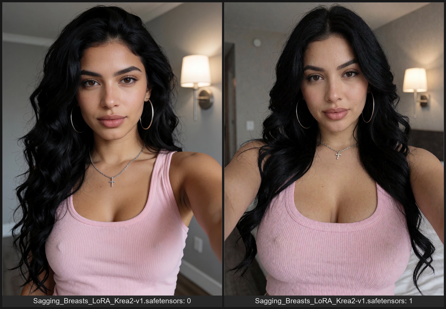 A front-facing eye-level selfie portrait of a stunning young Latina woman with voluminous,  long wavy jet-black hair casca...
