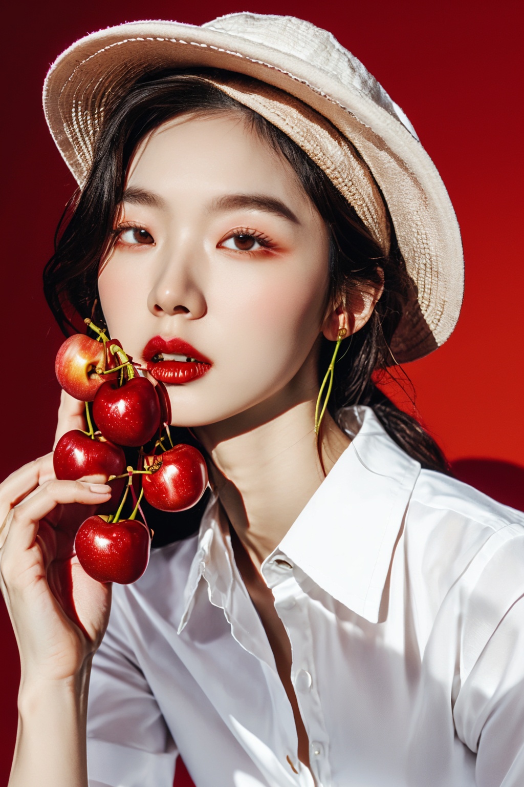 a woman wearing a hat with cherries on it and a white shirt underneath her and a white collared shirt underneath her,apple,cherry,food,fruit,strawberry,tomato,blueberry,red_apple,berry,grapes,peach,camellia,solo,red_flower,orange_\(fruit\),holding_fruit,1girl,realistic,red_lips,