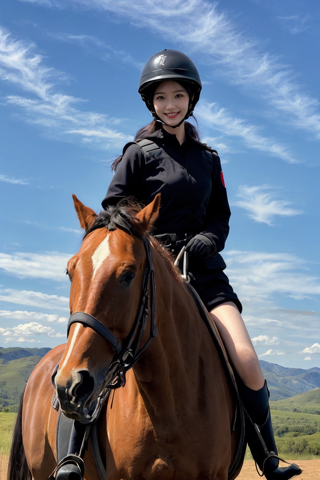 1girl,solo,black hair,realistic,looking at viewer,long hair,smile,<lora:neimenggu_muggle:0.6>,neimenggu muggle,1girl,helmet,sky,gloves,cloud,horse,outdoors,riding,realistic,solo,horseback riding,day,uniform,