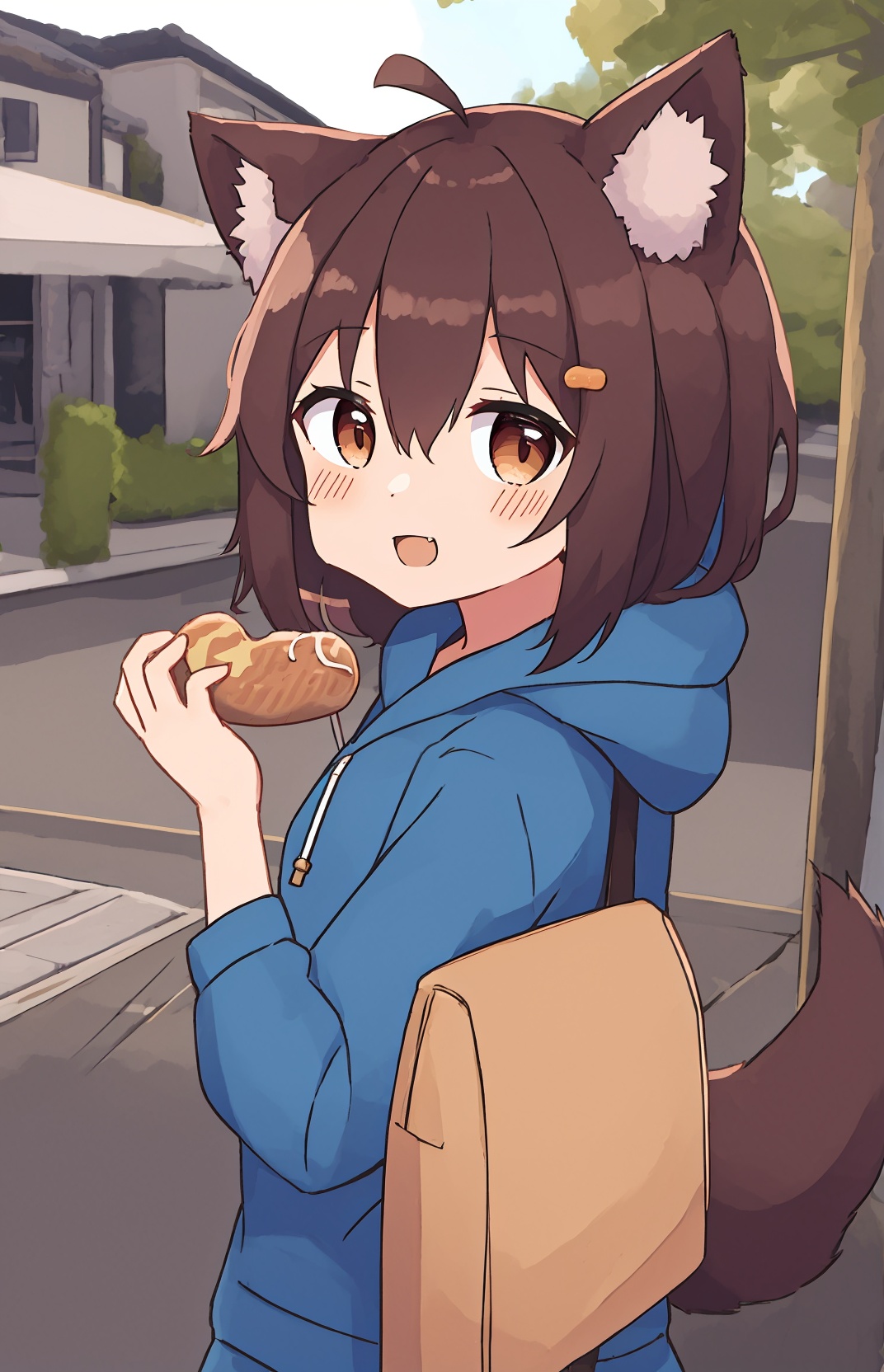 1girl, solo, hood down, pleated skirt, skirt, hood, brown eyes, holding, animal ears, tail, collar, outdoors, hair between eyes, food, short sleeves, holding food, bangs, blush, day, doughnut, brown hair, blue hoodie, smile, sign, looking at viewer, ahoge, drawstring, dog ears, blue jacket, dog tail, hooded jacket, brown skirt